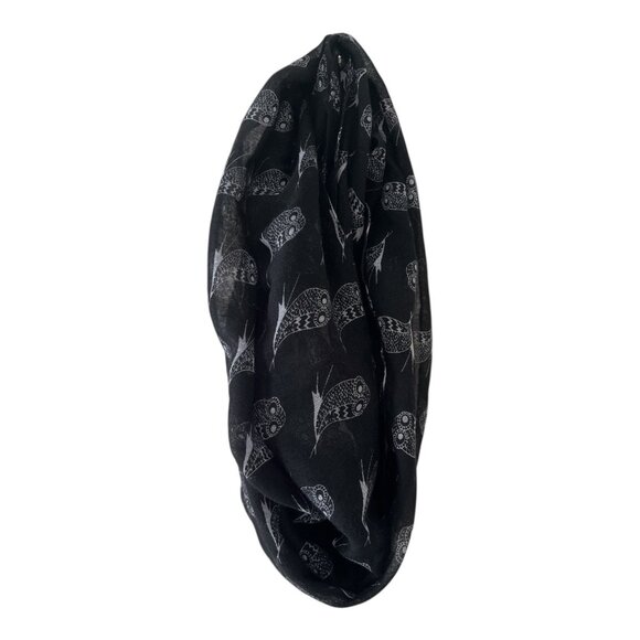 Copper Key Black Infinity Scarf with White Owl Print | 64” Loop | One Size Polye - Picture 1 of 4